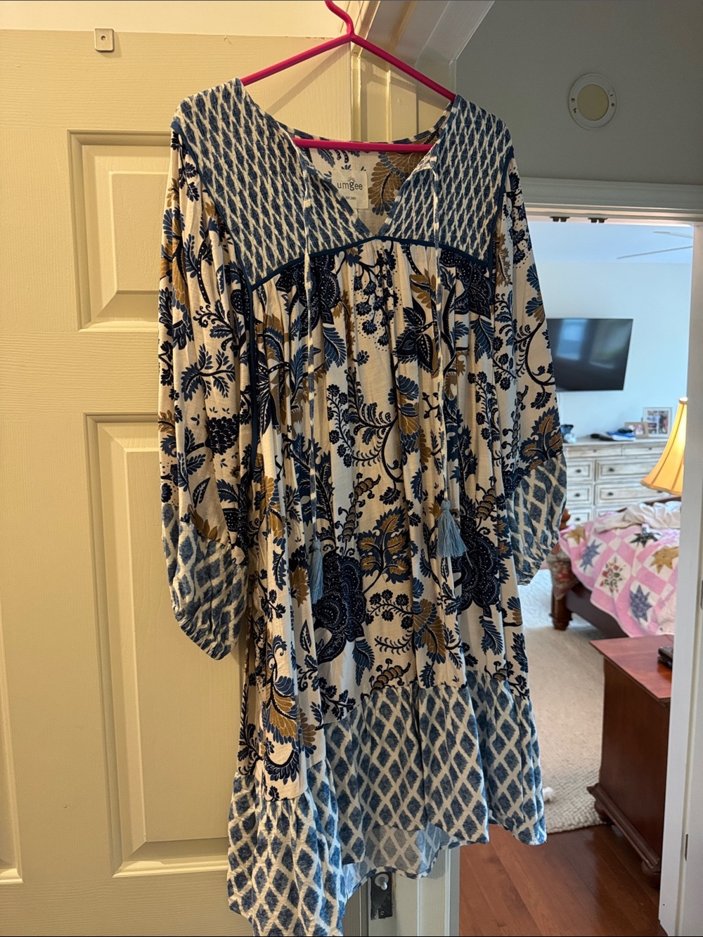 Umgee Blue & Cream Floral Boho Mini Dress